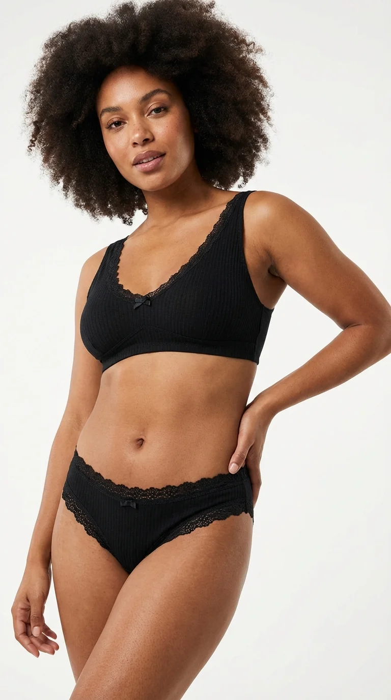 Siyah Fitilli (Ribbed) Bikini Külot - Yan Görünüm